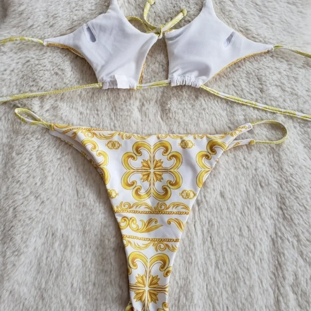 New Sexy Cut Out Strappy Bikini Set Swimsuit in Fashion Sicilian Print